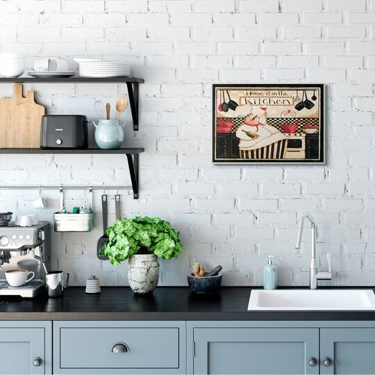 Stupell Industries Home is in the Kitchen with Happy Chef Illustration Wood Wall Plaque
